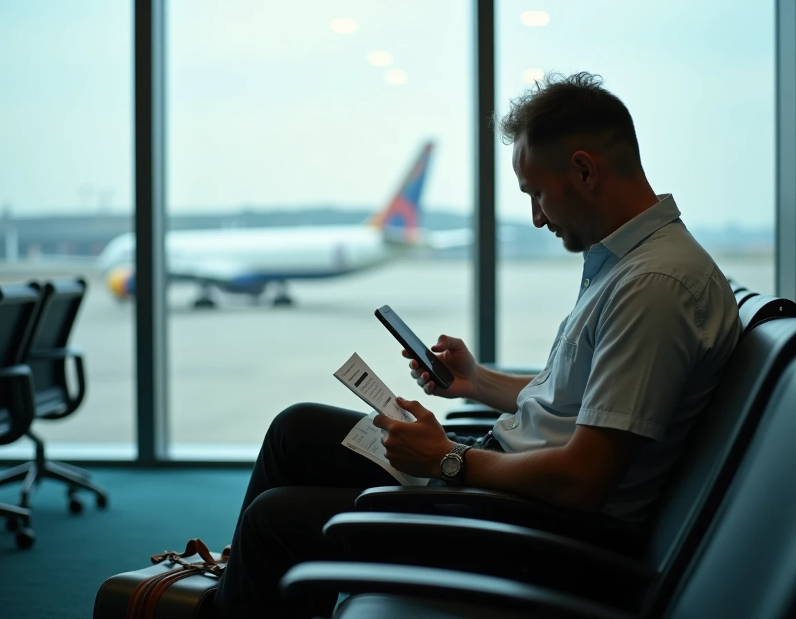 Passager consultant les horaires d'arrivée de vol sur smartphone dans un salon d'aéroport