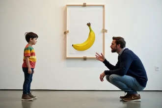 Un père explique l'œuvre d'art banane à son enfant curieux dans un musée d'art contemporain