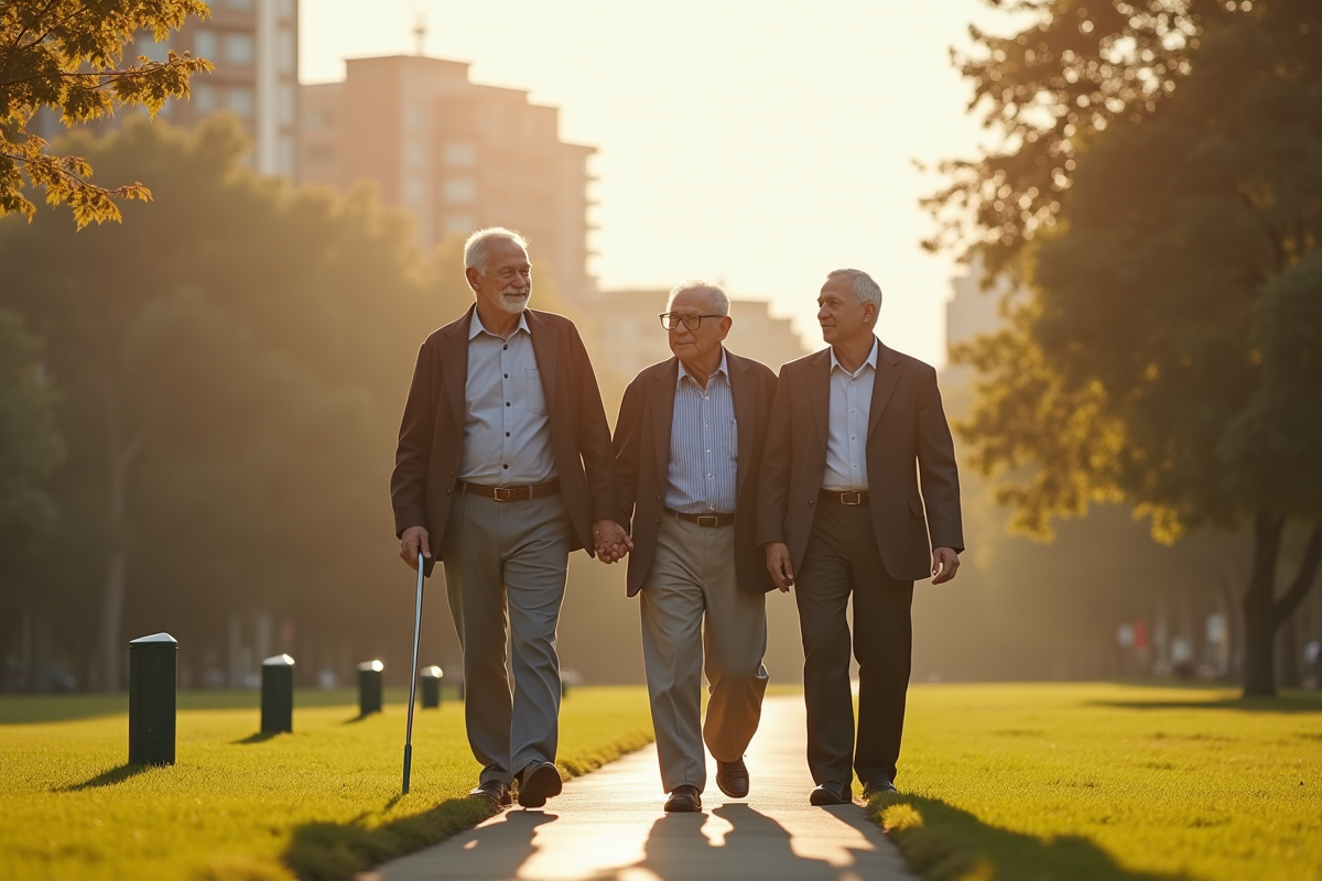 Deux hommes âgés et aidant dans un parc urbain ensoleille
