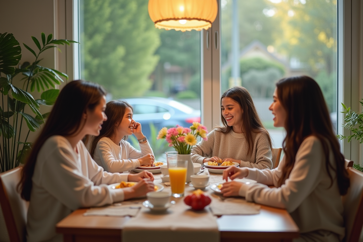 Famille multiculturelle prenant un petit déjeuner à la maison