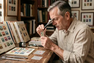 Philatéliste examinant un timbre rare avec erreur d'impression à la loupe sur un bureau ancien
