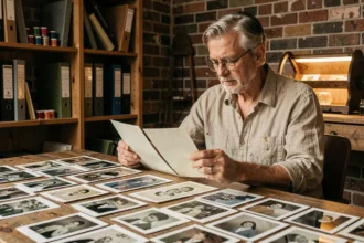 Photographe auteur consultant ses archives photo imprimées dans un studio artisanal