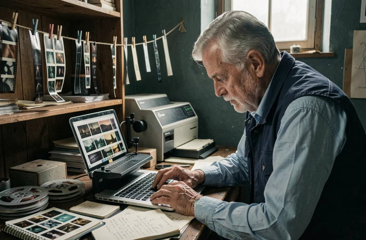 Photographe senior numérisant ses archives argentiques dans un espace de travail vintage