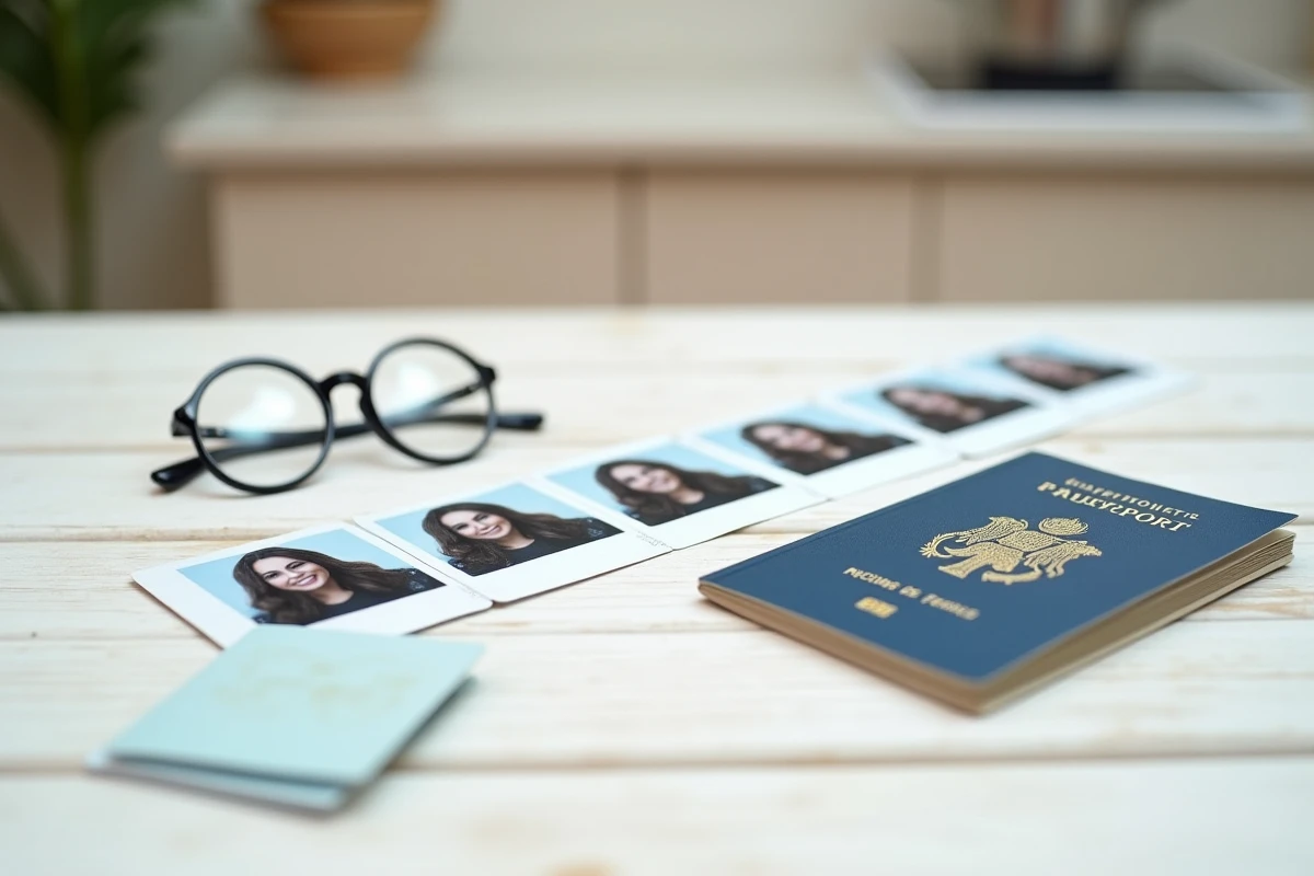 Planche de photos d'identité photomaton posée à côté d'un passeport et d'une carte nationale d'identité française