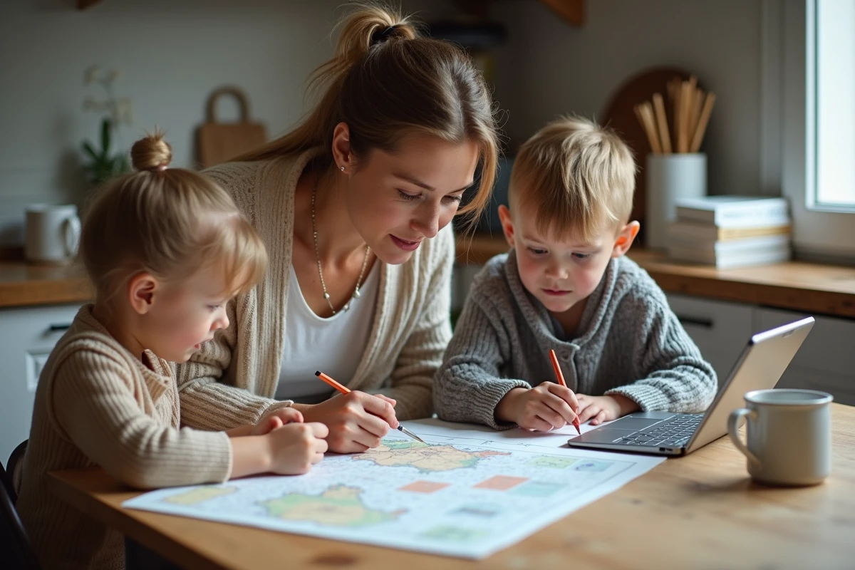 Mère et enfants organisant notes et tablette à la maison