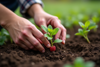 Main de jardinier plantant une framboise dans la terre