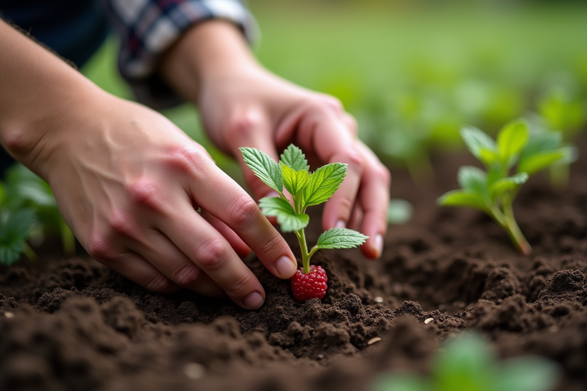 Main de jardinier plantant une framboise dans la terre