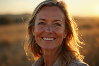 Portrait d'une femme confiante en plein air à la golden hour
