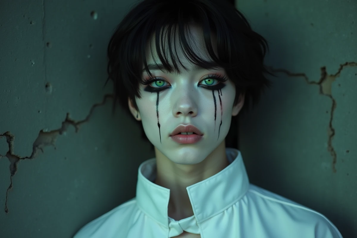 Portrait rapproché du cosplay d'Ulquiorra Schiffer avec maquillage blanc et yeux verts en fente sur fond de béton sombre