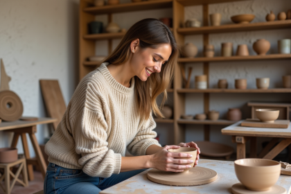 Femme souriante façonnant une coupe en argile dans un atelier lumineux