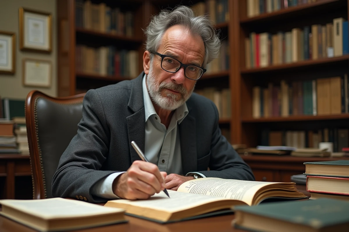 Professeur de sociologie annotant un manuel universitaire dans son bureau académique entouré de livres de sociologie