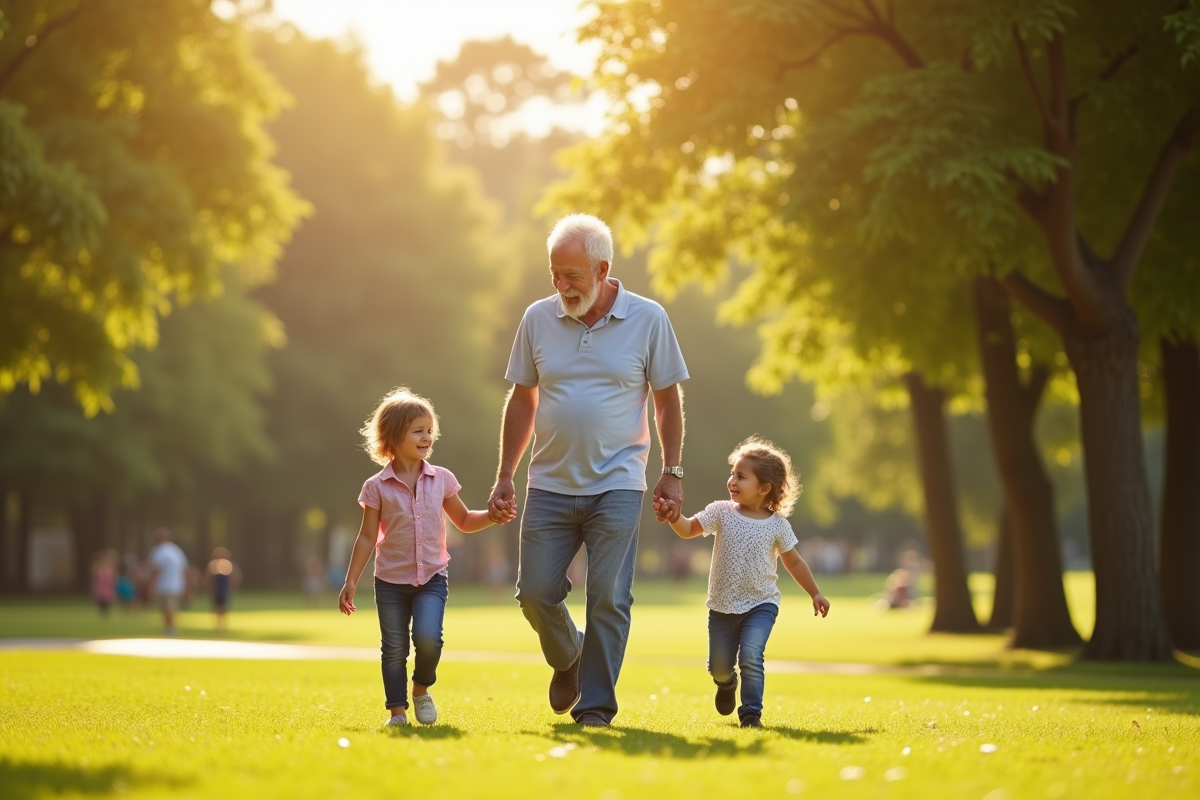 Famille se promenant dans un parc ensoleille