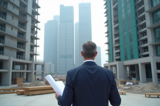 Promoteur immobilier en costume sur chantier urbain