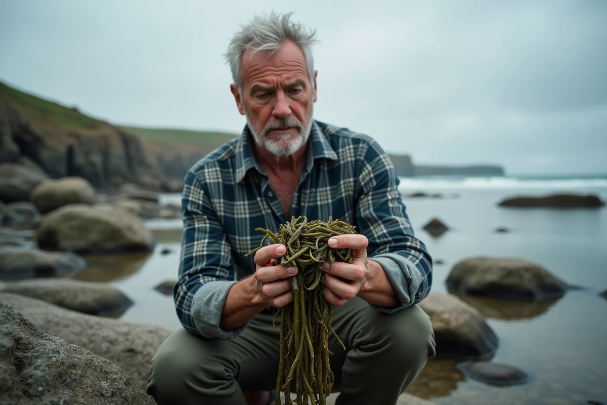 Homme récoltant du goémon frais sur les rochers lors d'une marée basse en Bretagne