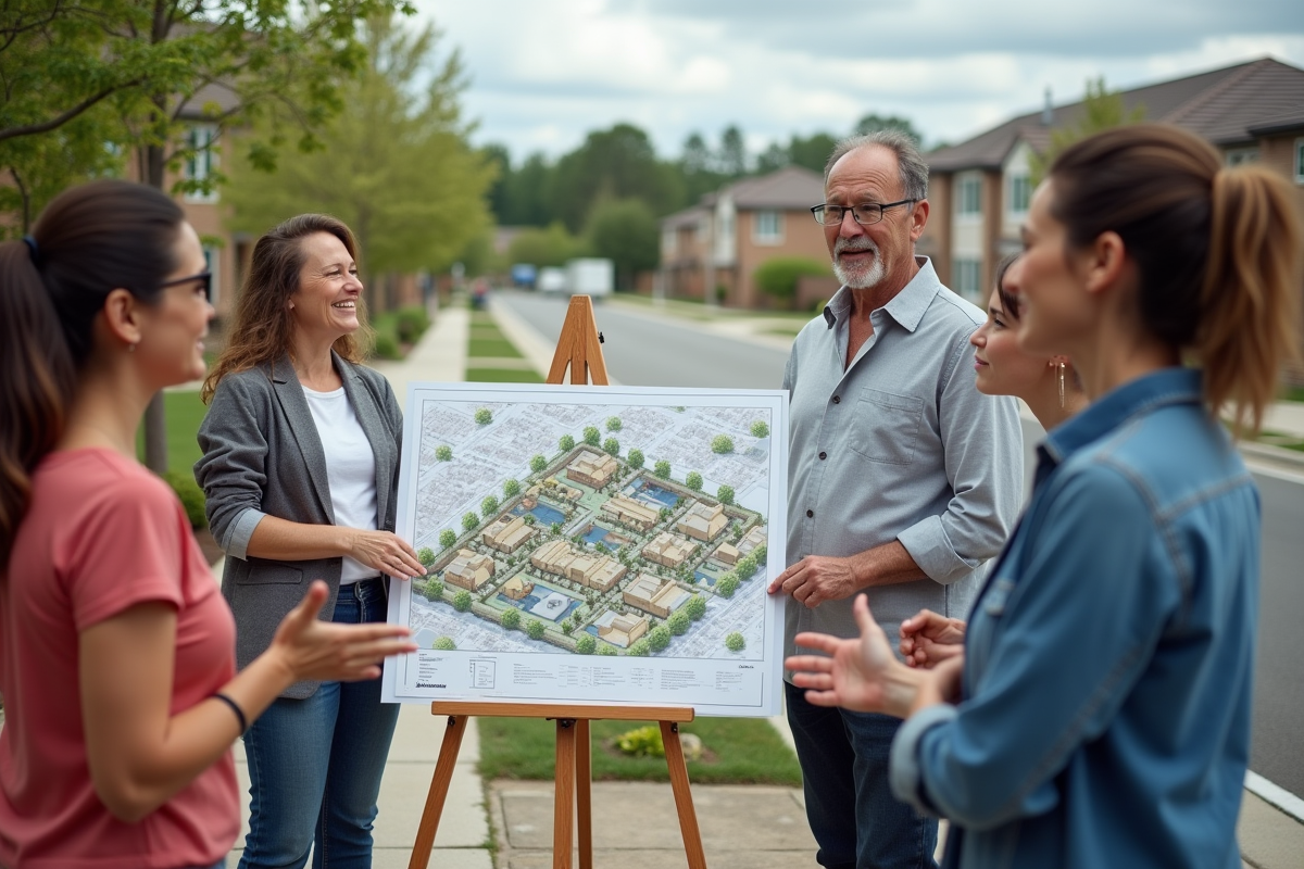 Habitants discutant autour d un plan d urbanisme en extérieur