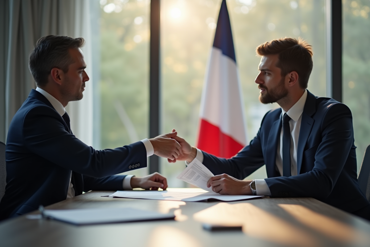 Échange de documents juridiques dans une salle moderne