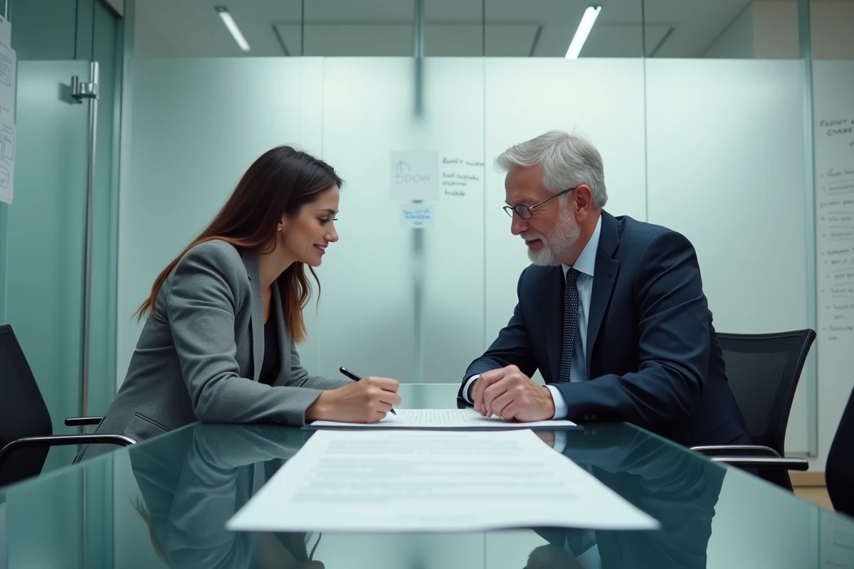 Deux professionnels du droit examinant un contrat juridique lors d'une réunion en cabinet, symbolisant la protection juridique encadrée