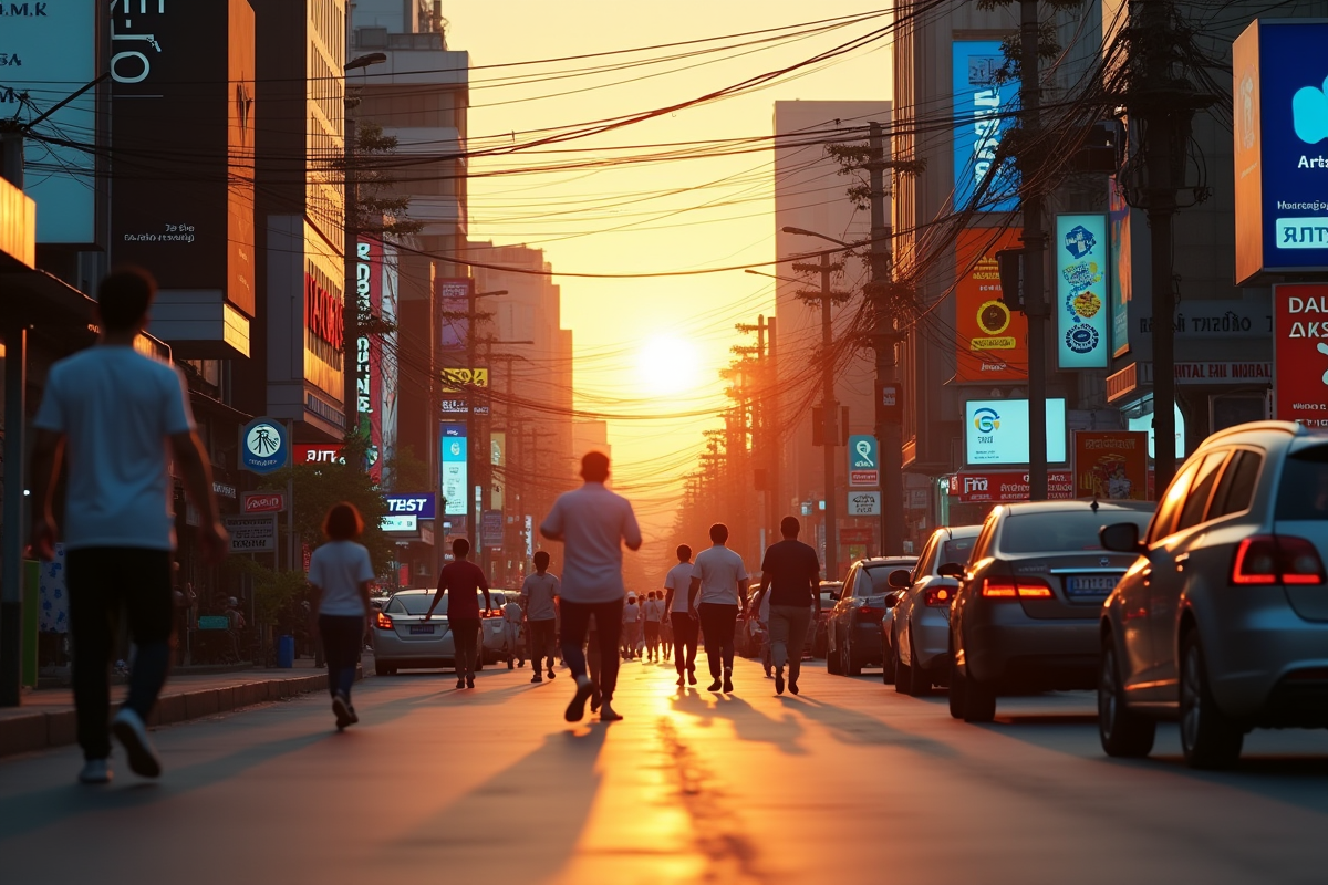 Scène de rue à Chiang Mai avec panneaux modernes et graphiques SEO