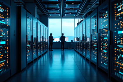 Salle de superordinateur futuriste avec serveurs lumineux et ingénieurs