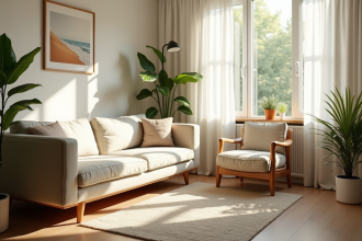 Petit salon moderne lumineux avec plantes et mobilier minimaliste