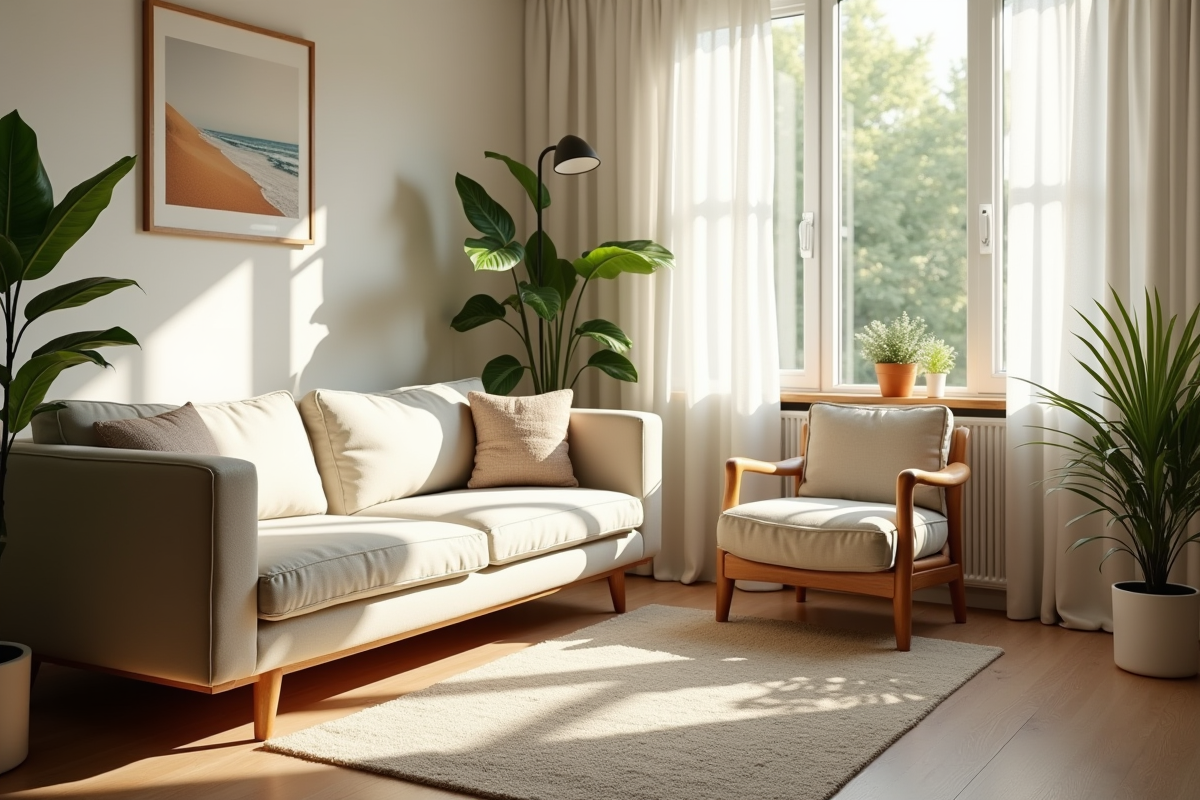Petit salon moderne lumineux avec plantes et mobilier minimaliste