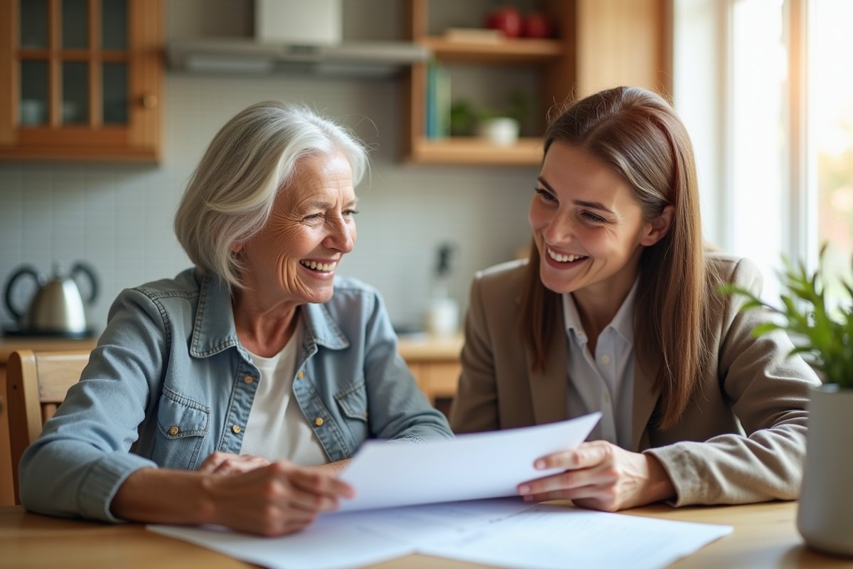 Femme senior souriante avec assistante sociale dans la cuisine