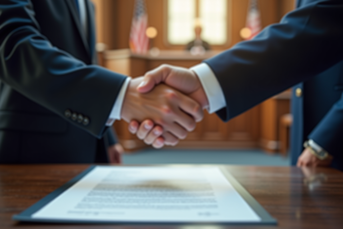 Deux professionnels se serrant la main sur un contrat dans un tribunal