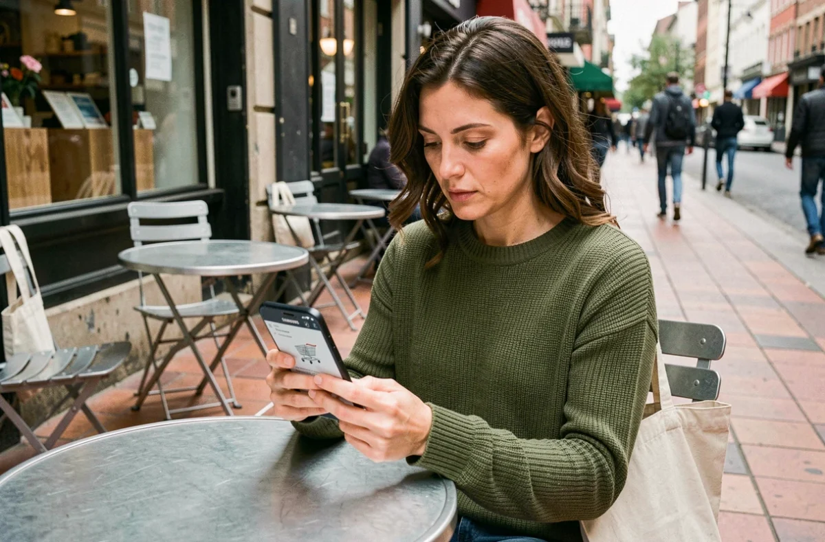 Femme utilisant l'application Hacoo SaraMart sur son smartphone dans un café en terrasse pour ses achats en ligne