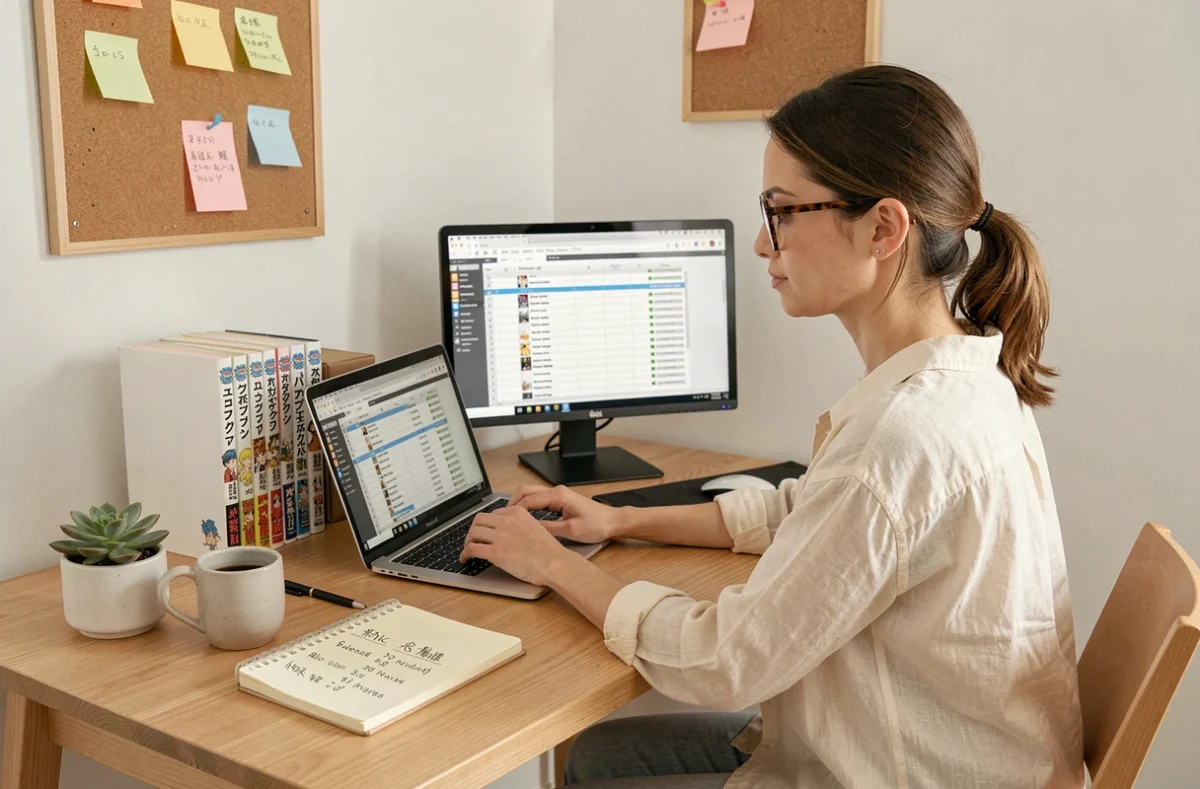 Femme organisant sa progression de lecture One Piece sur ordinateur avec un tableau de suivi de chapitres dans un bureau minimaliste