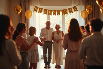 Groupe d'adultes surprenant un couple dans un salon décoré
