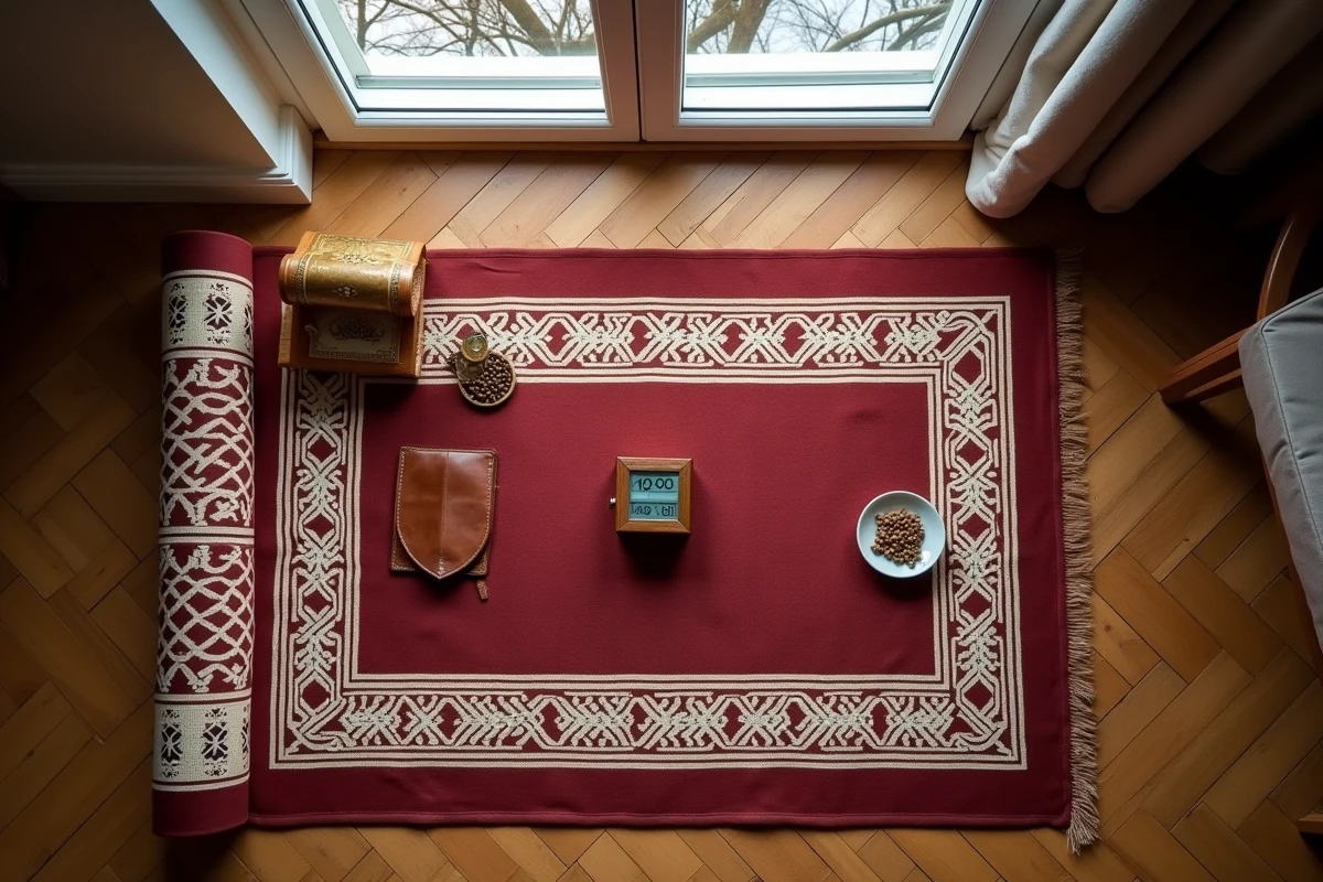 Tapis de prière, Coran et horloge affichant l'heure de salat dans un appartement de Toulon en hiver
