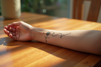 Avant bras d'une femme avec tatouage fineline de fleur et infini