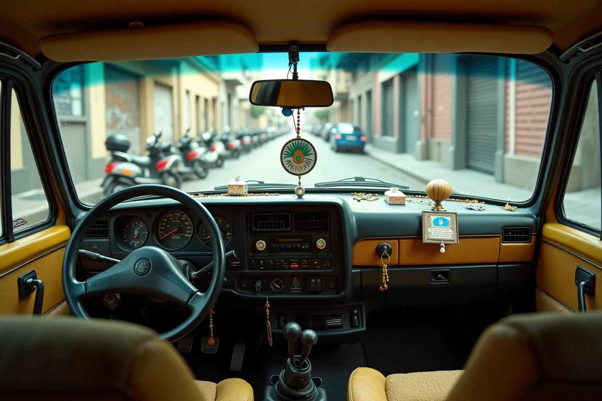 Intérieur d'un vieux taxi grec orné de plusieurs amulettes œil bleu et icônes religieuses sur le tableau de bord à Athènes