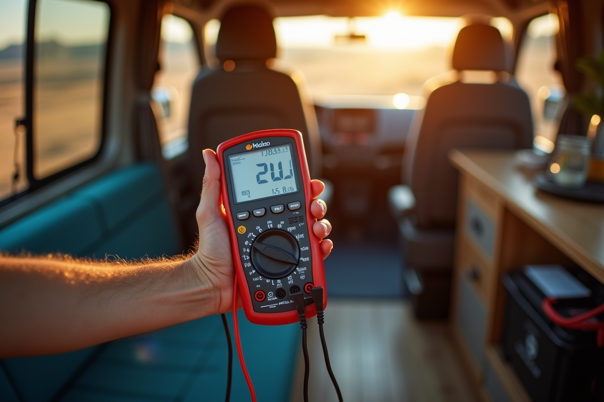 Une main utilisant un multimètre pour tester la tension dans un van