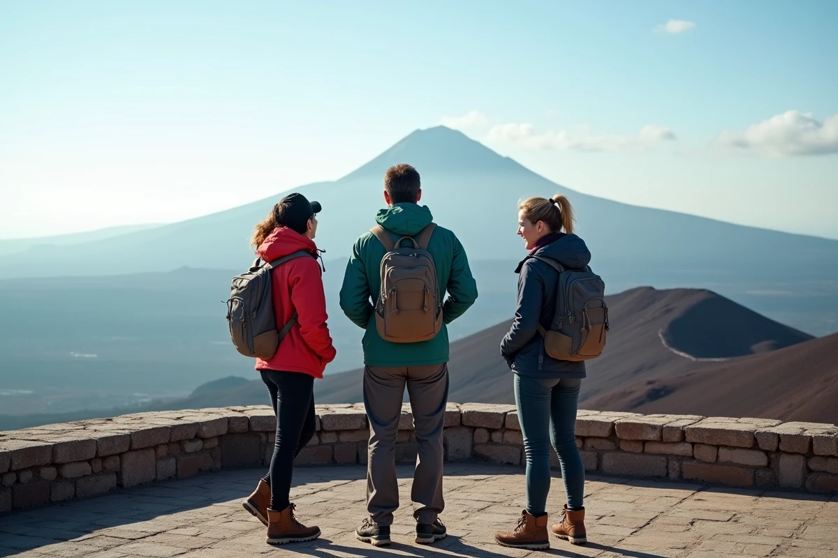 Touristes observant le panache de l'Etna depuis une plateforme panoramique en Sicile