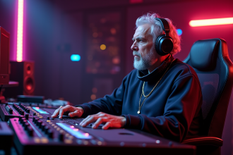Tovaritch en studio moderne avec casque et consoles