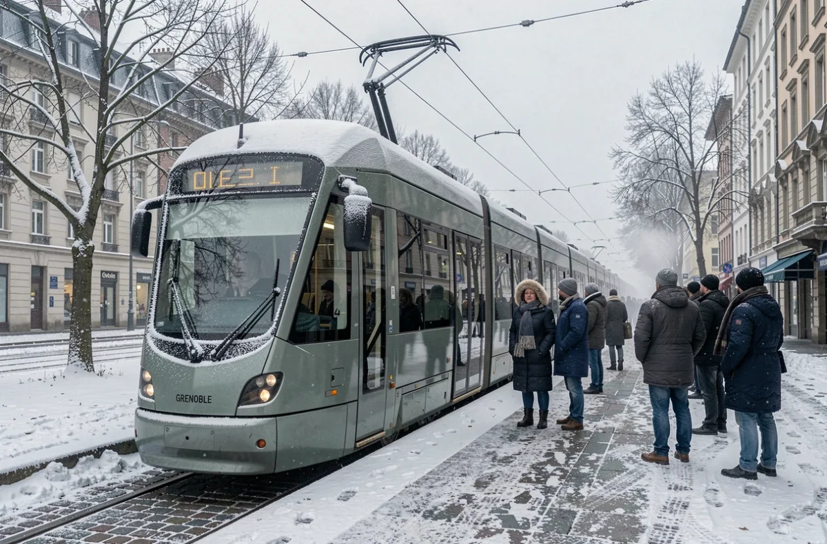 Tramway de Grenoble à l'arrêt sous la neige en hiver avec des passagers attendant sur le quai