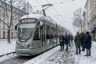 Tramway de Grenoble à l'arrêt sous la neige en hiver avec des passagers attendant sur le quai