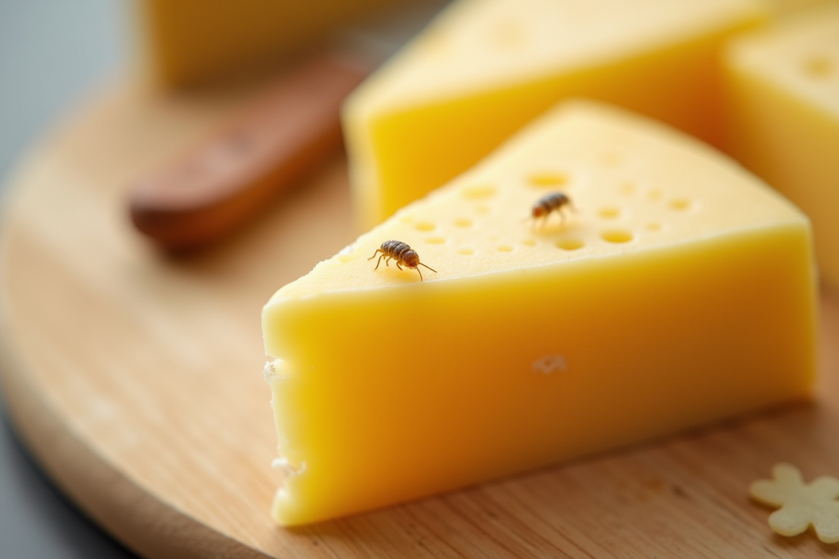 Tranche de fromage corse avec larves en gros plan dans la cuisine