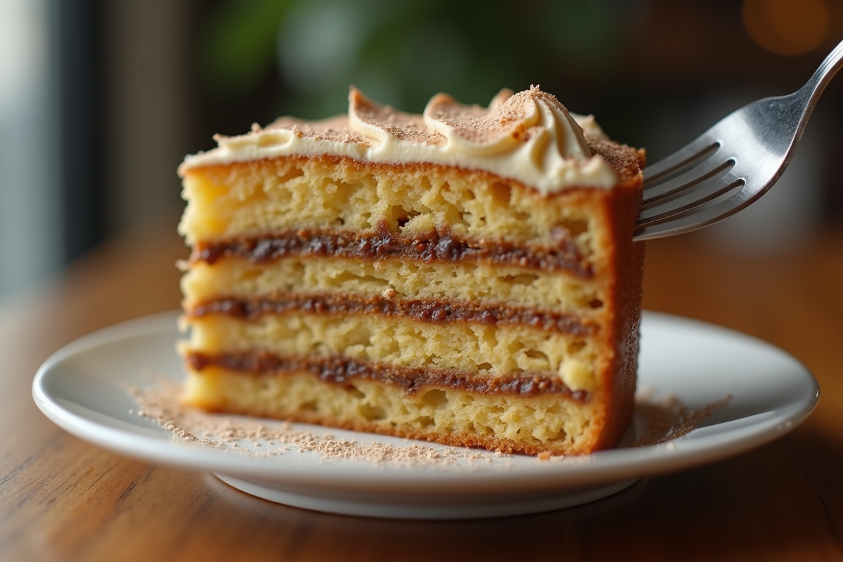 Tranche de gâteau au café sur une fourchette avec fond flou