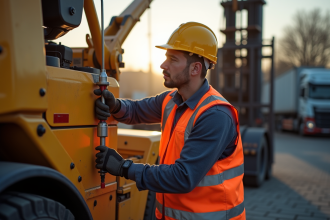 Travailleur en vêtement haute visibilité effectuant la maintenance d'une grue