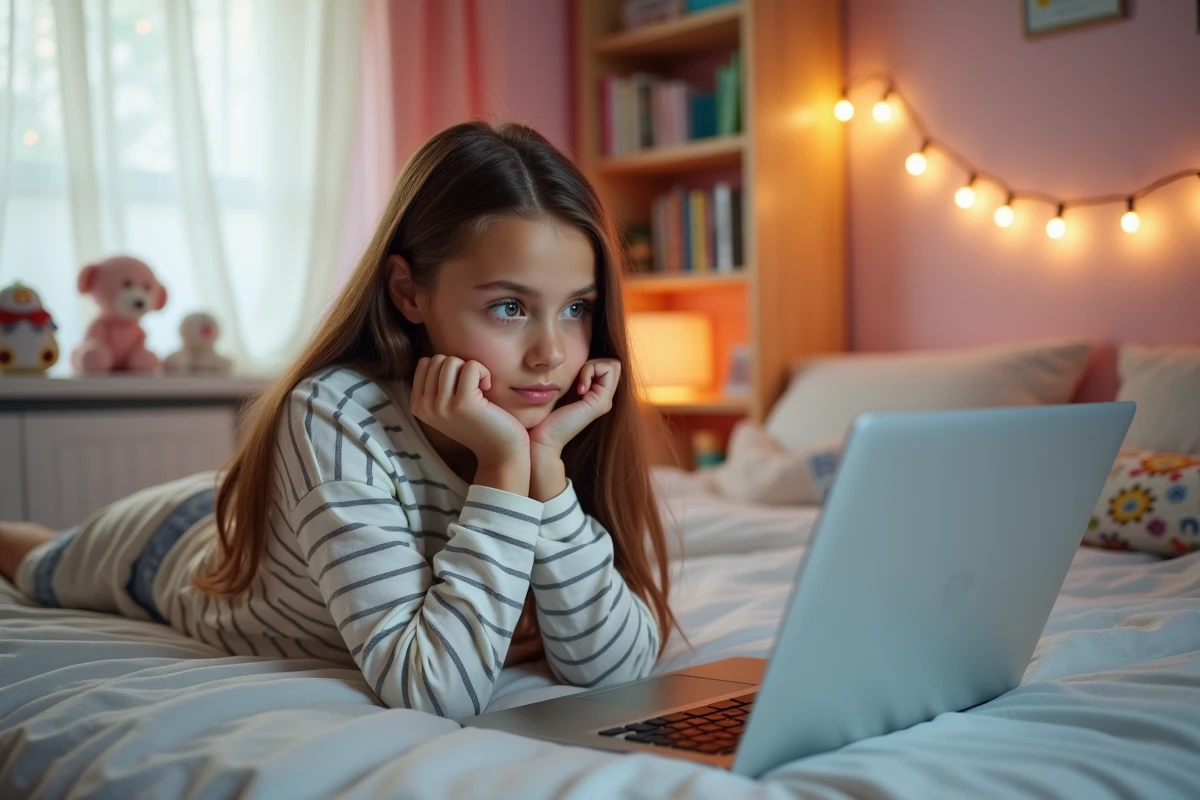 Adolescente consultant un tutoriel pour désinstaller proprement les mods de Sims 4 sur son lit