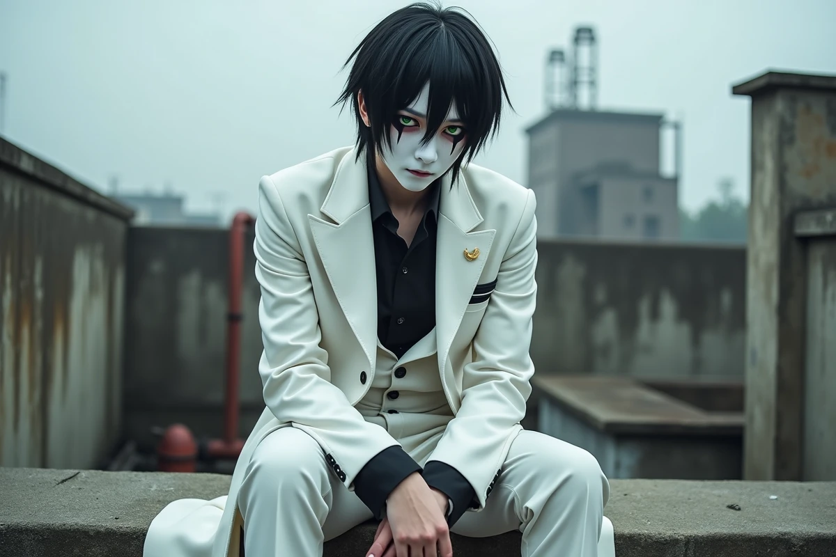 Cosplayer d'Ulquiorra Schiffer en uniforme blanc sur un toit industriel abandonné, regard vide et atmosphère post-apocalyptique