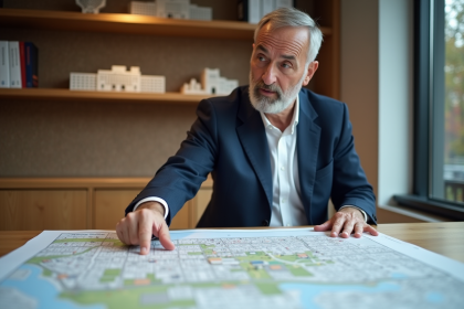 Urbaniste étudiant un plan de zonage en réunion