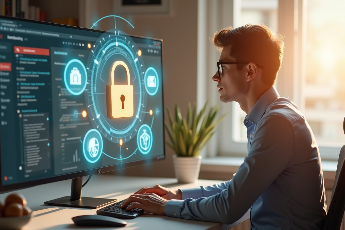 Personne confiante utilisant un ordinateur dans un bureau lumineux