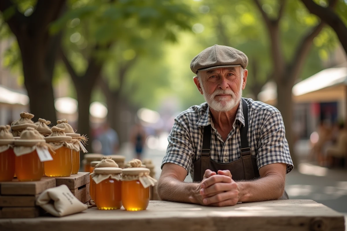 Vendeur provençal âgé proposant miel et spécialités locales sur un étal du marché d'Aix-en-Provence sous les platanes