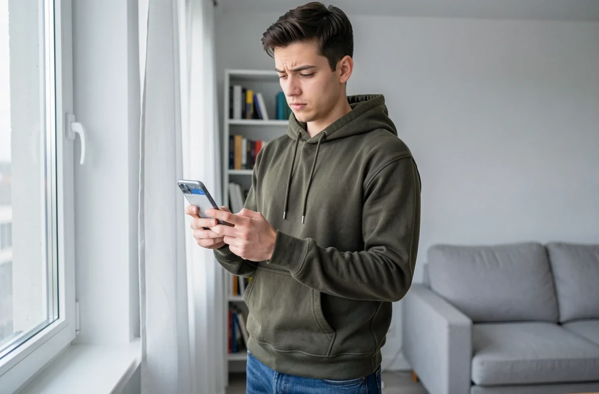 Jeune adulte vérifiant un numéro de téléphone inconnu sur une application mobile depuis son salon