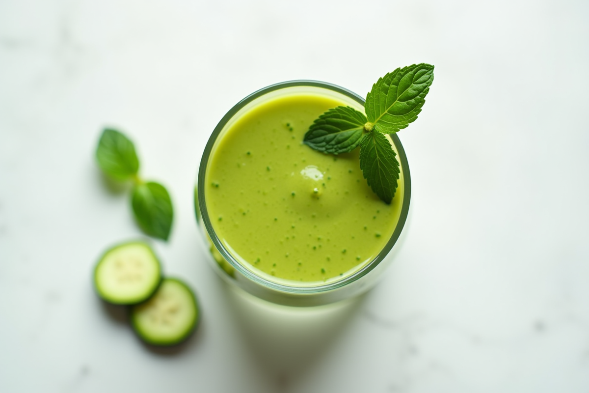 Verre de gazpacho courgette avec tranche et menthe