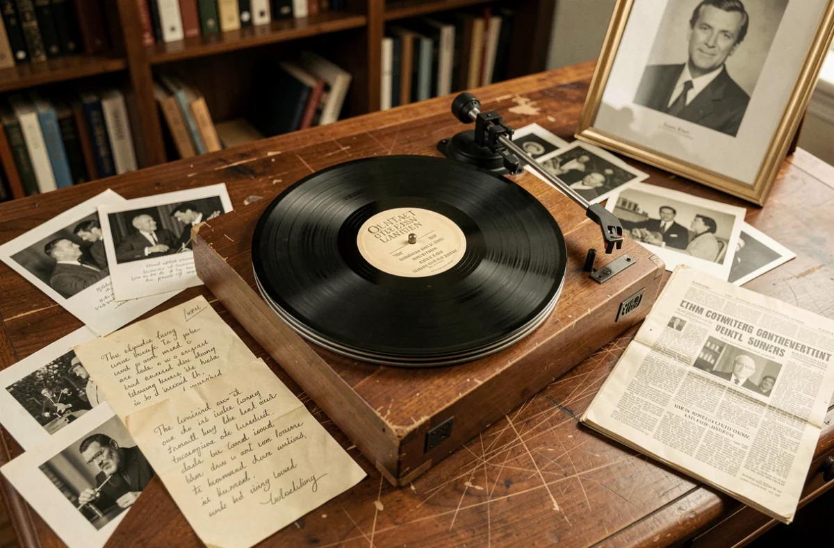 Disque vinyle vintage, partitions manuscrites et coupures de presse sur un bureau en bois, évoquant l'histoire et les controverses autour de la chanson Stand By Me