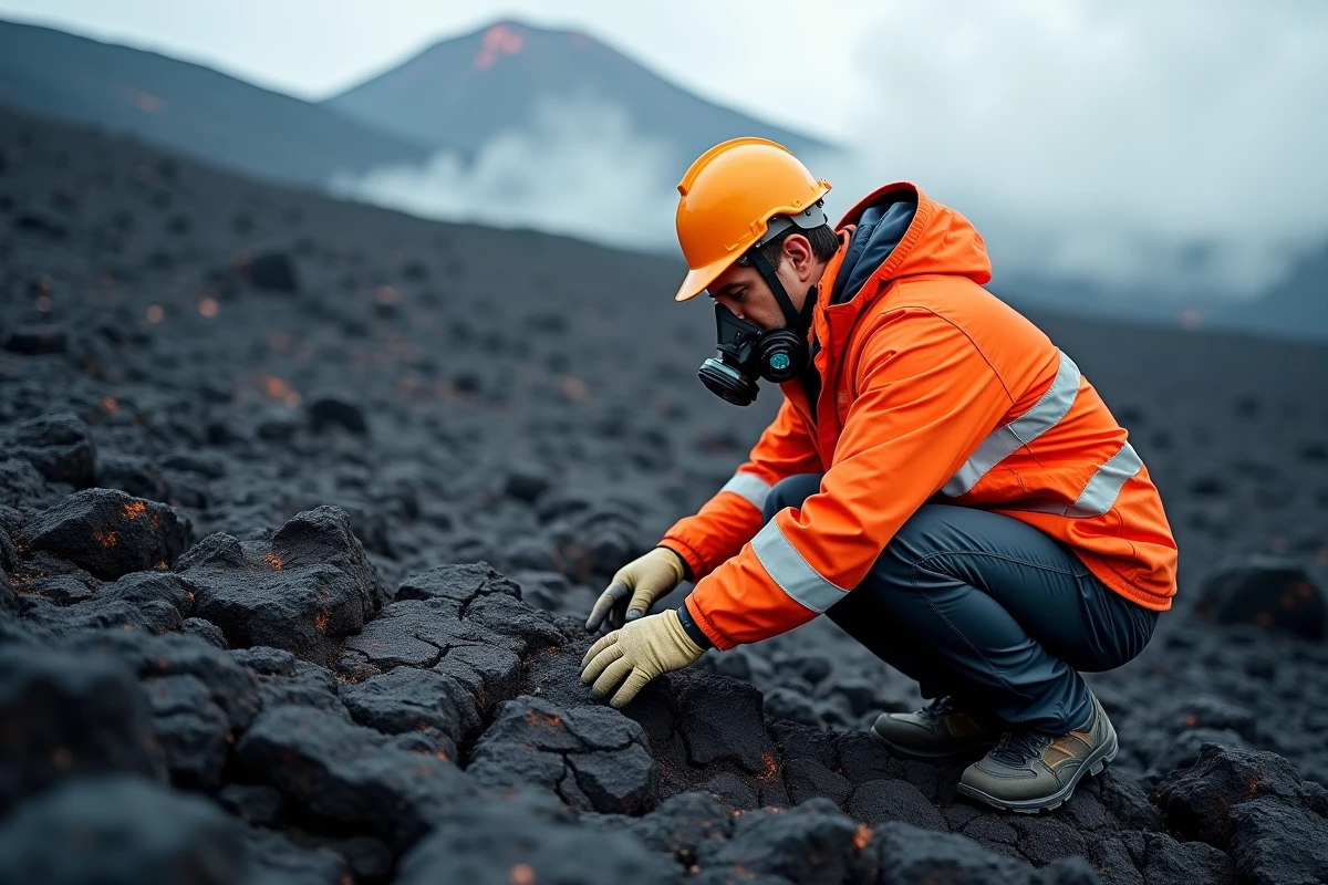 Volcanologue examinant des coulées de lave fraîche sur les flancs de l'Etna en Sicile